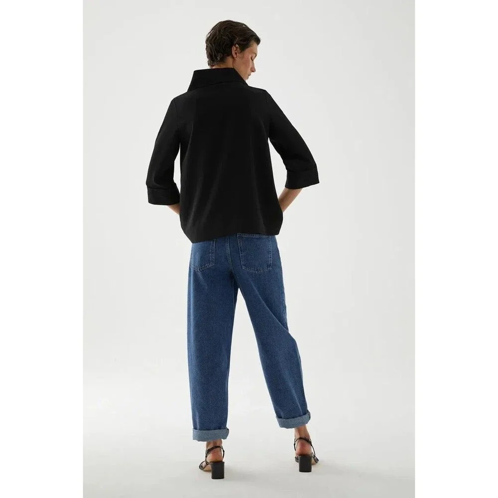 COS Funnel Neck Top S Black Minimalist Boxy Oversized 3/4 Sleeve Quiet Luxury